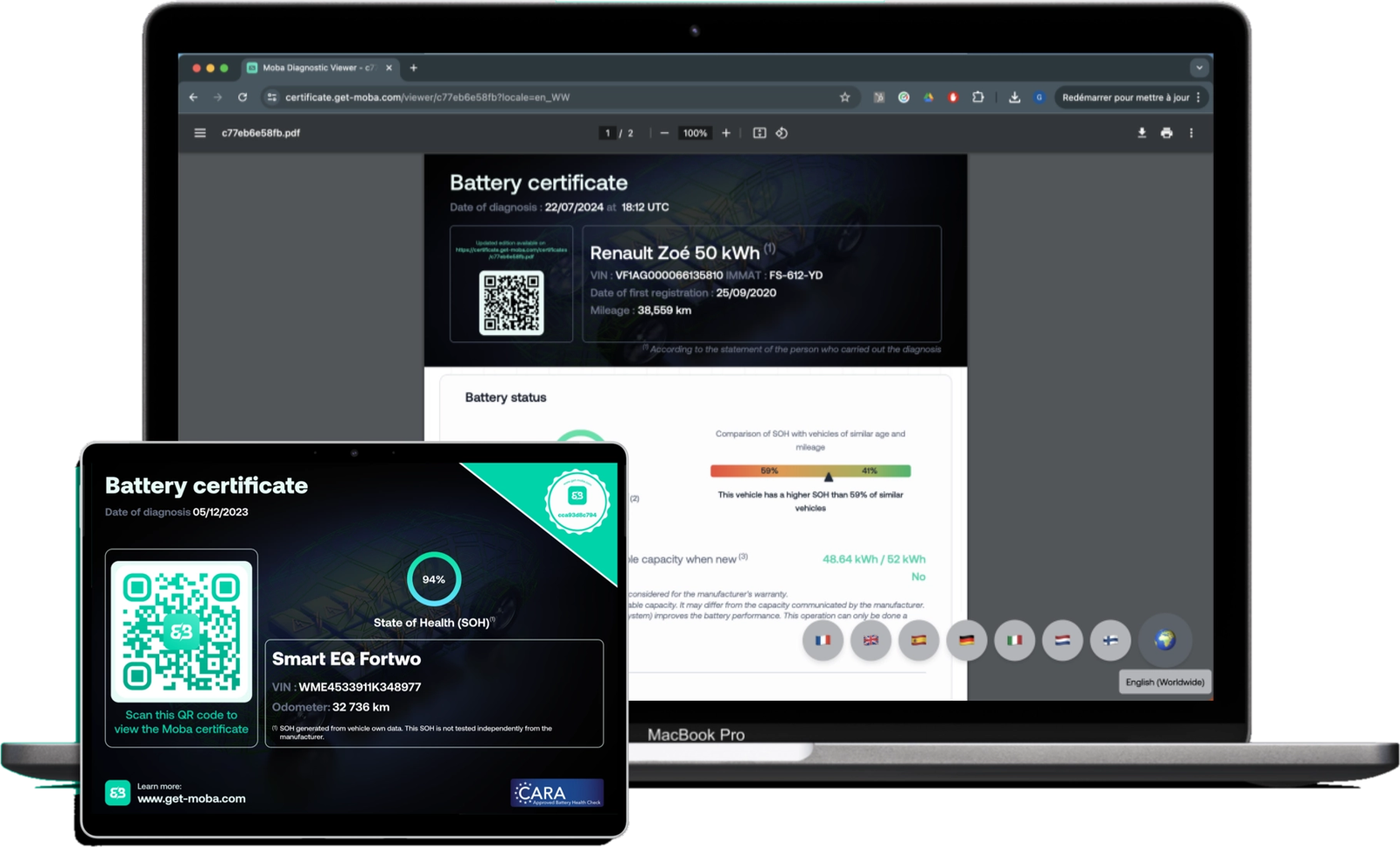 Certificado de saúde de bateria com porcentagem de SoH e QR code de verificação